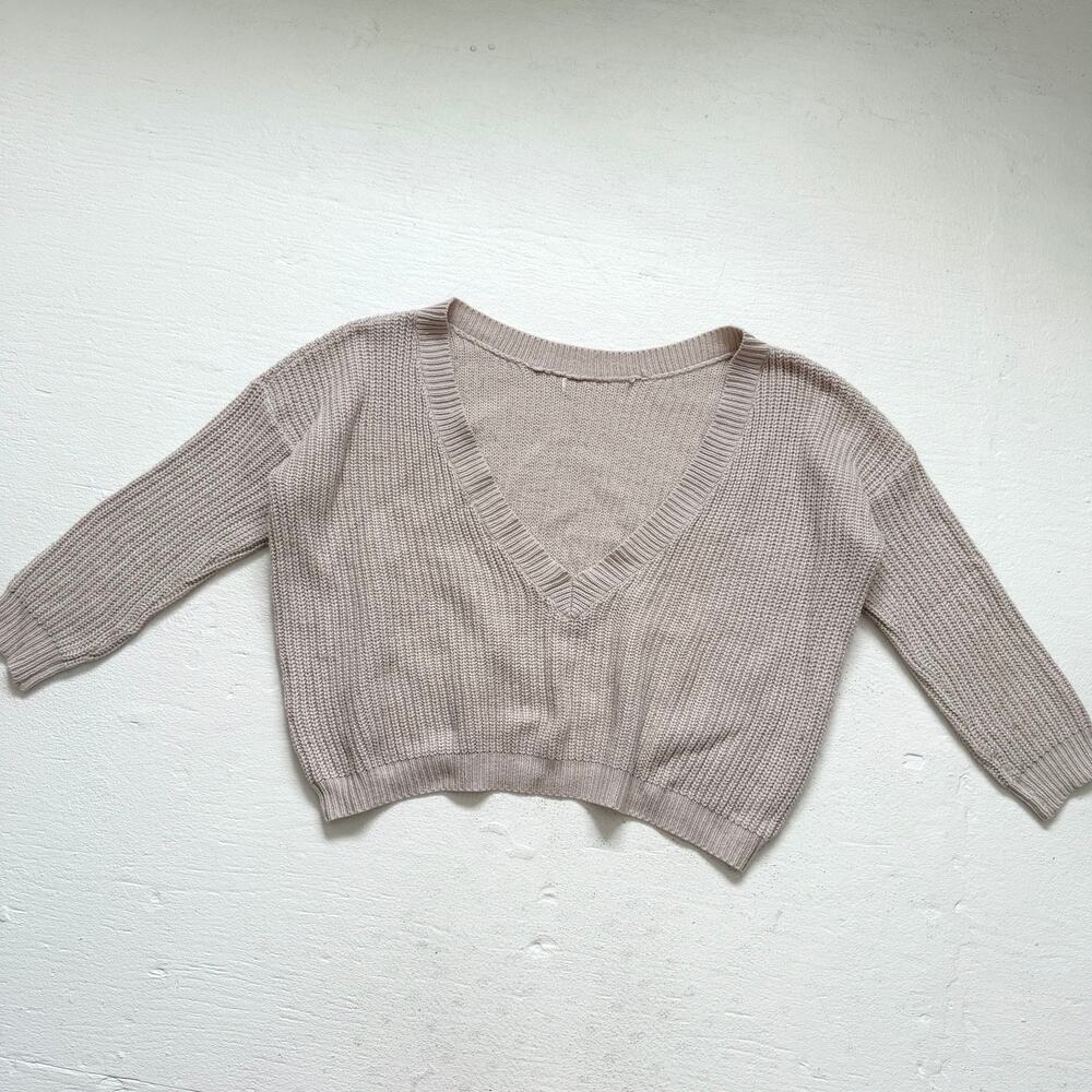 Beige Oversized V Neck Knit Sweater, Size Large XL